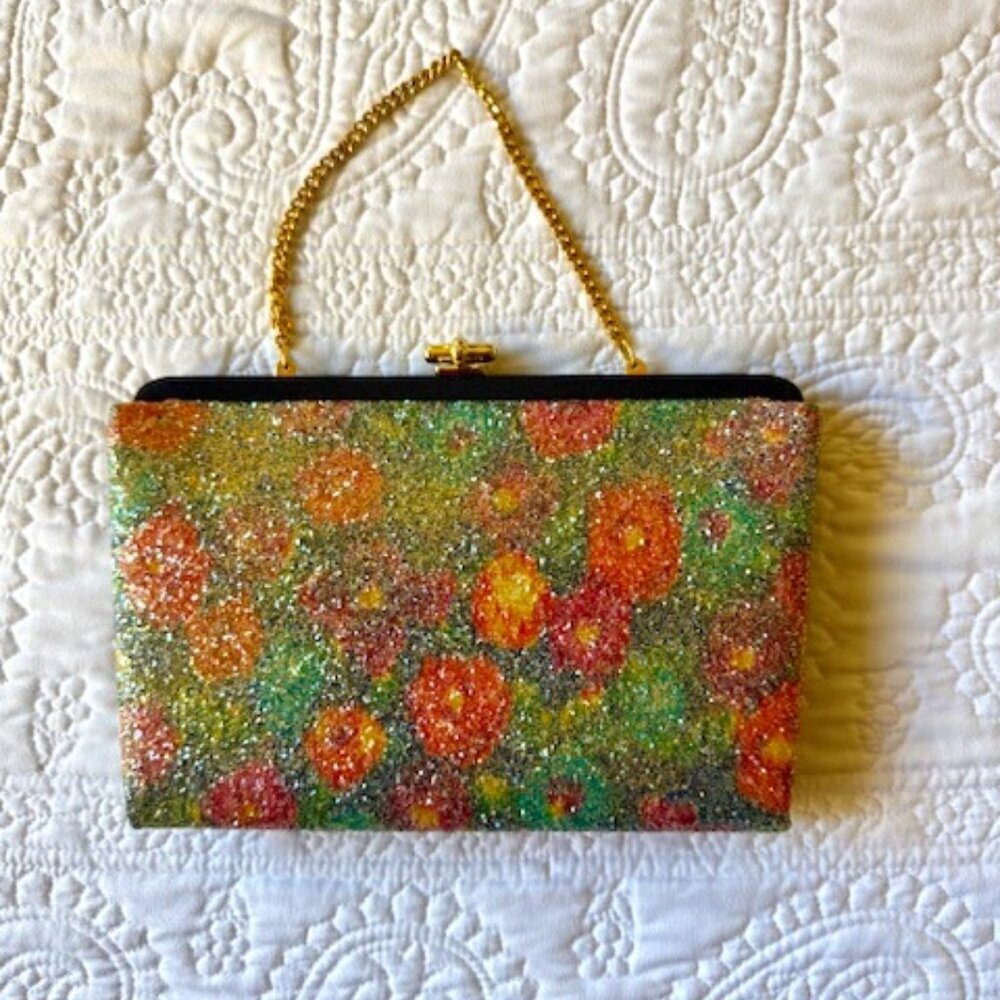 field of flowers sparkling glitter pattern 1950s clutch bag